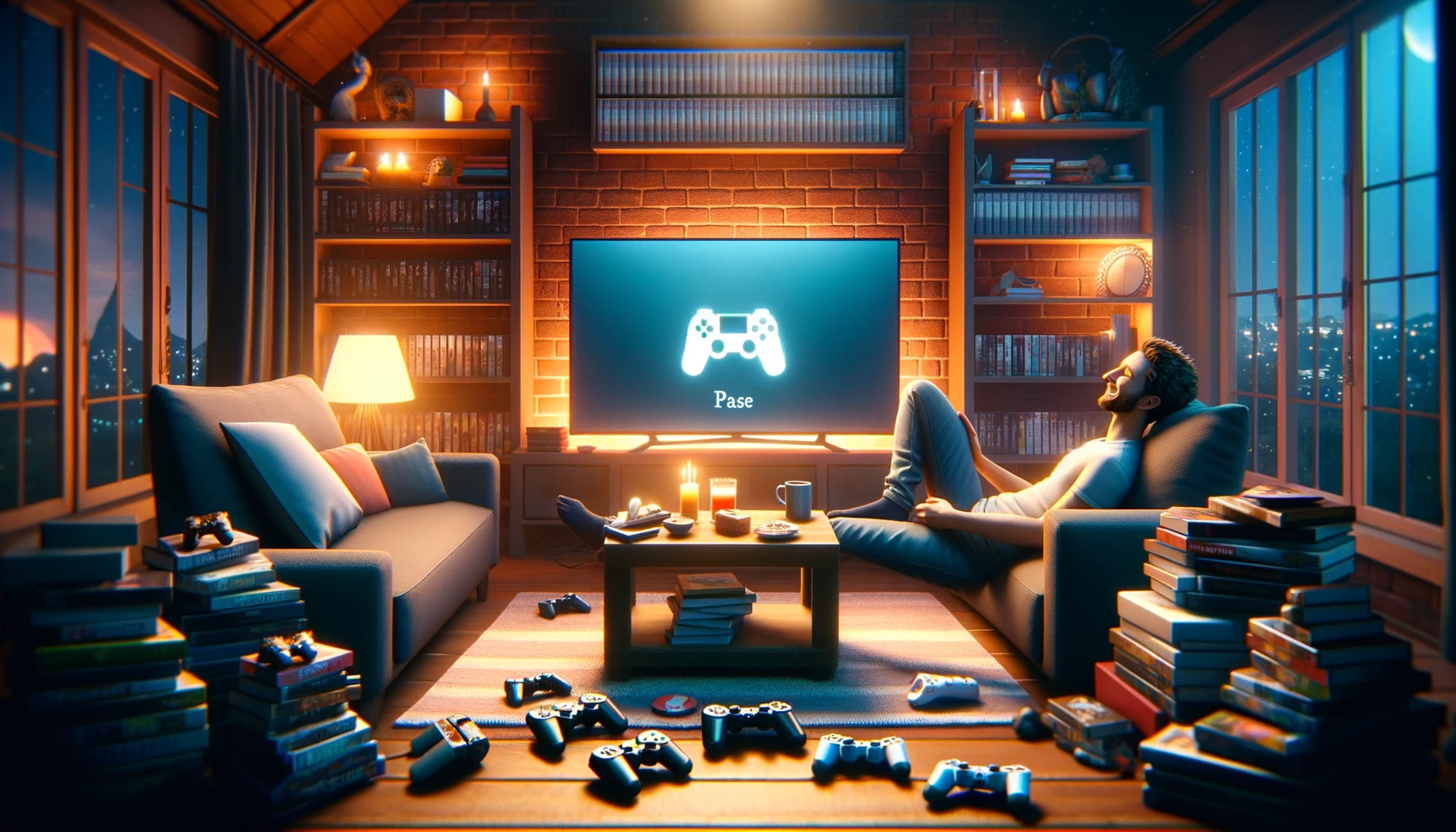 DALL·E 2024-01-11 22.31.15 - The image depicts a cozy living room in the evening, with a relaxed atmosphere. In the center, there's a happy gamer lounging on a comfortable sofa.